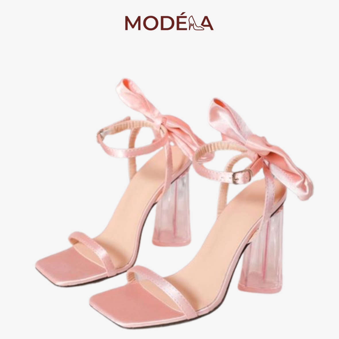 Giày Sandal Cao Gót Đế Trong Cột Nơ Lụa Hồng - Ảnh 3