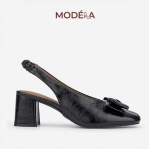 Giày Slingback Gót Vuông Da Bóng Phối Nơ