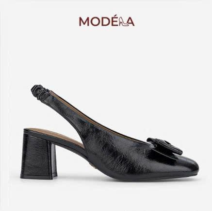 Giày Slingback Gót Vuông Da Bóng Phối Nơ