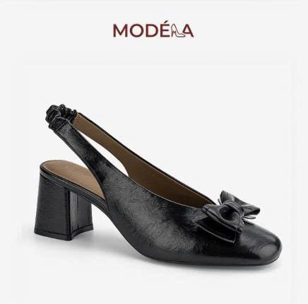Giày Slingback Gót Vuông Da Bóng Phối Nơ - Ảnh 2